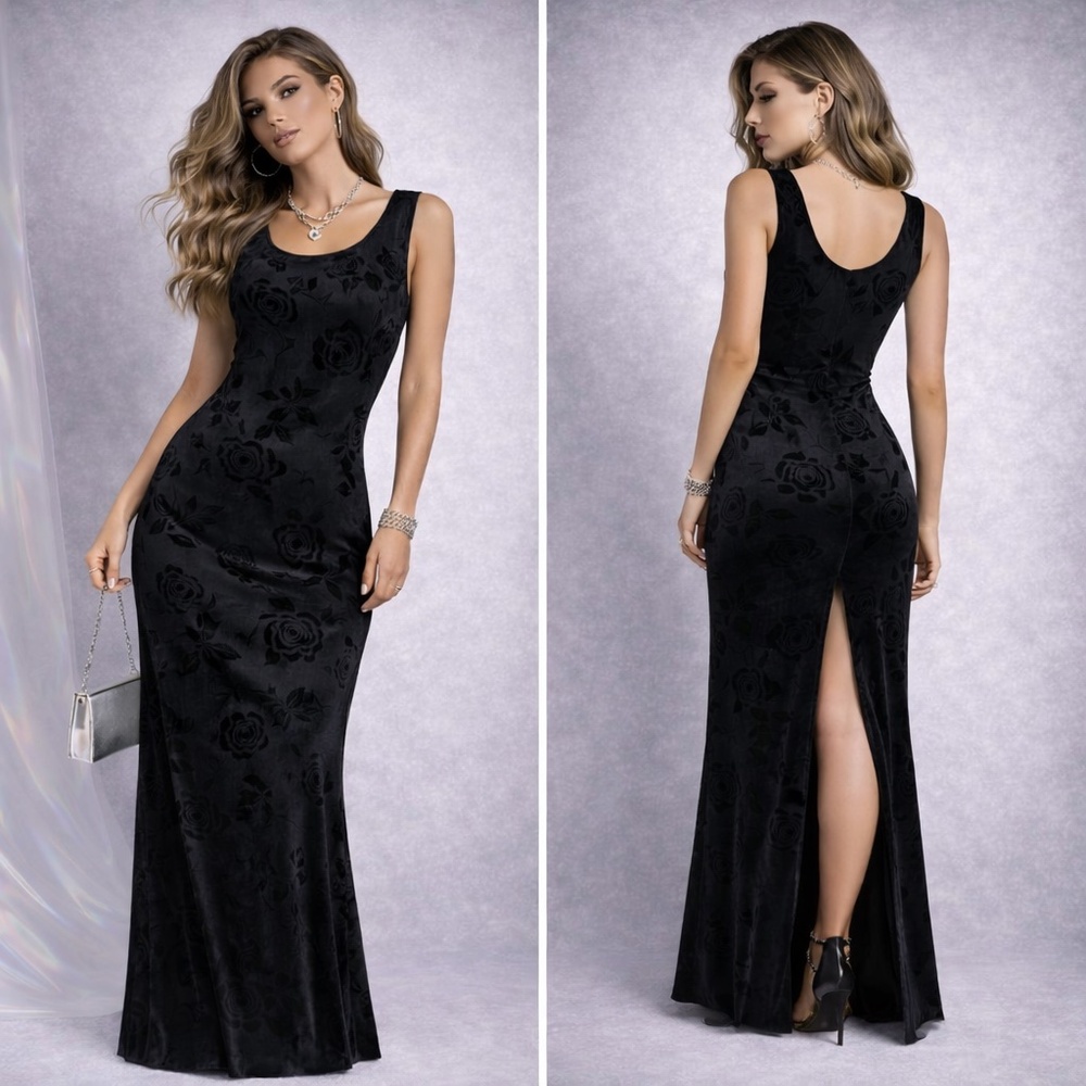 Vintage Beechers Brook Velvet Maxi Dress Stretch Floral Burnout Back Slit Sz M